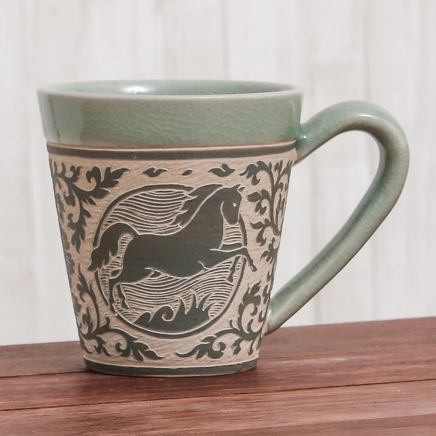 Thai Zodiac Horse Celadon Glazed Ceramic Mug with Horse from Thailand