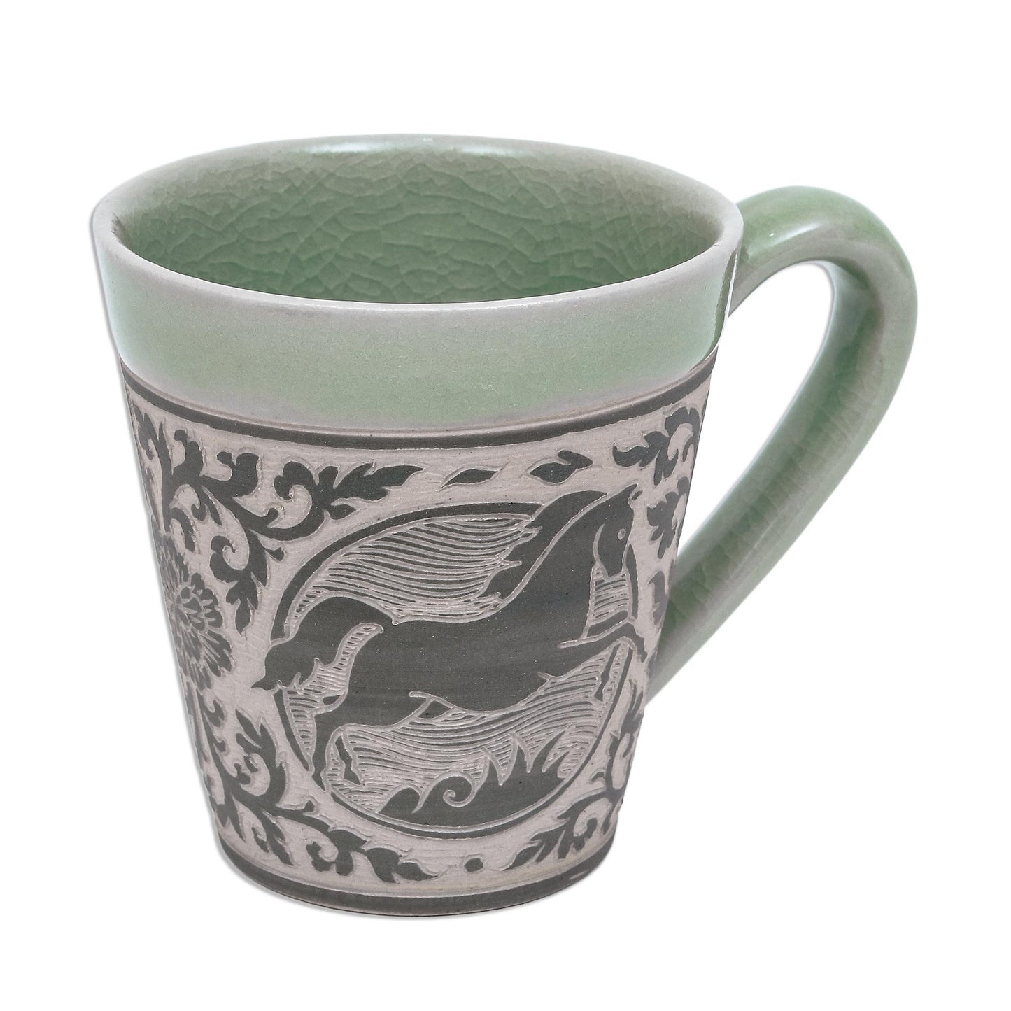 Thai Zodiac Horse Celadon Glazed Ceramic Mug with Horse from Thailand