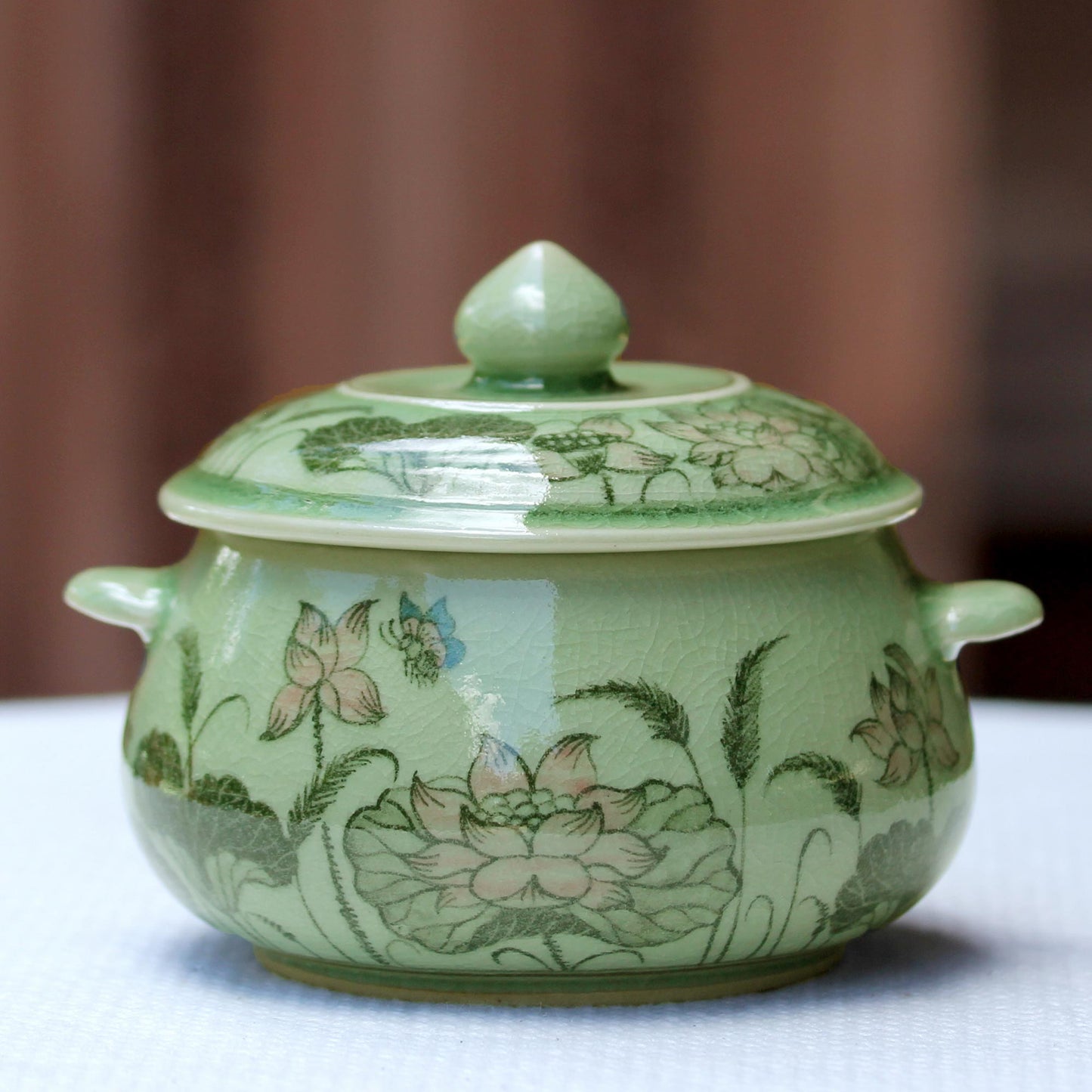 Lotus Bouquet Celadon Ceramic Floral Soup Bowl with Lid from Thailand