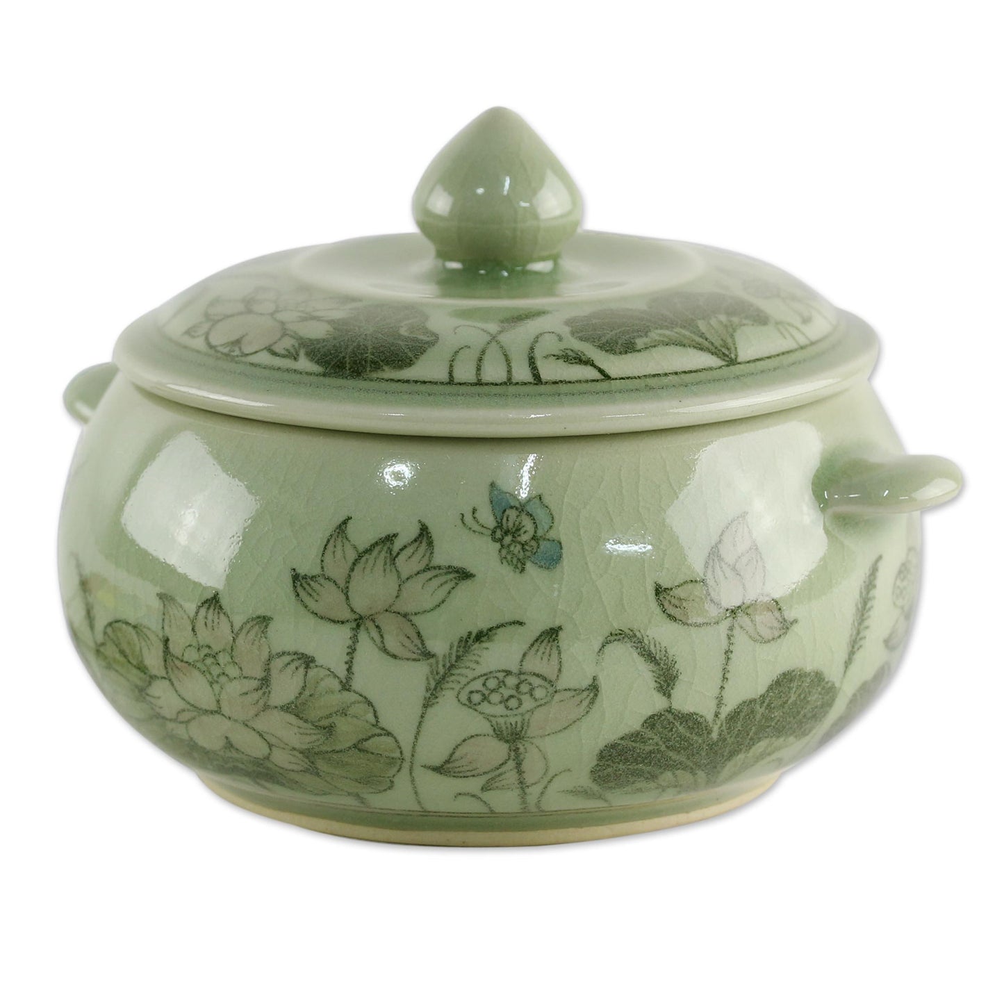 Lotus Bouquet Celadon Ceramic Floral Soup Bowl with Lid from Thailand