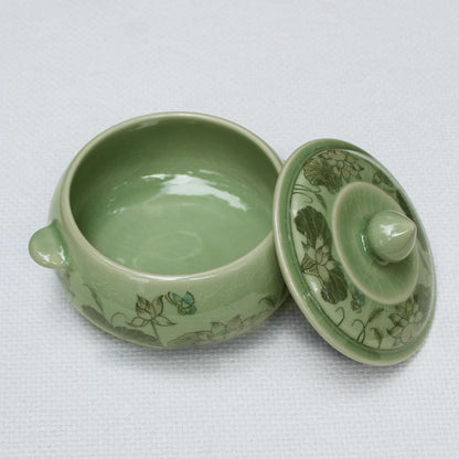 Lotus Bouquet Celadon Ceramic Floral Soup Bowl with Lid from Thailand