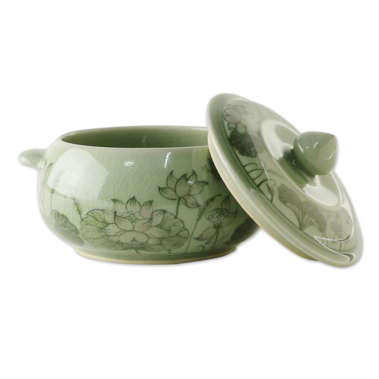 Lotus Bouquet Celadon Ceramic Floral Soup Bowl with Lid from Thailand