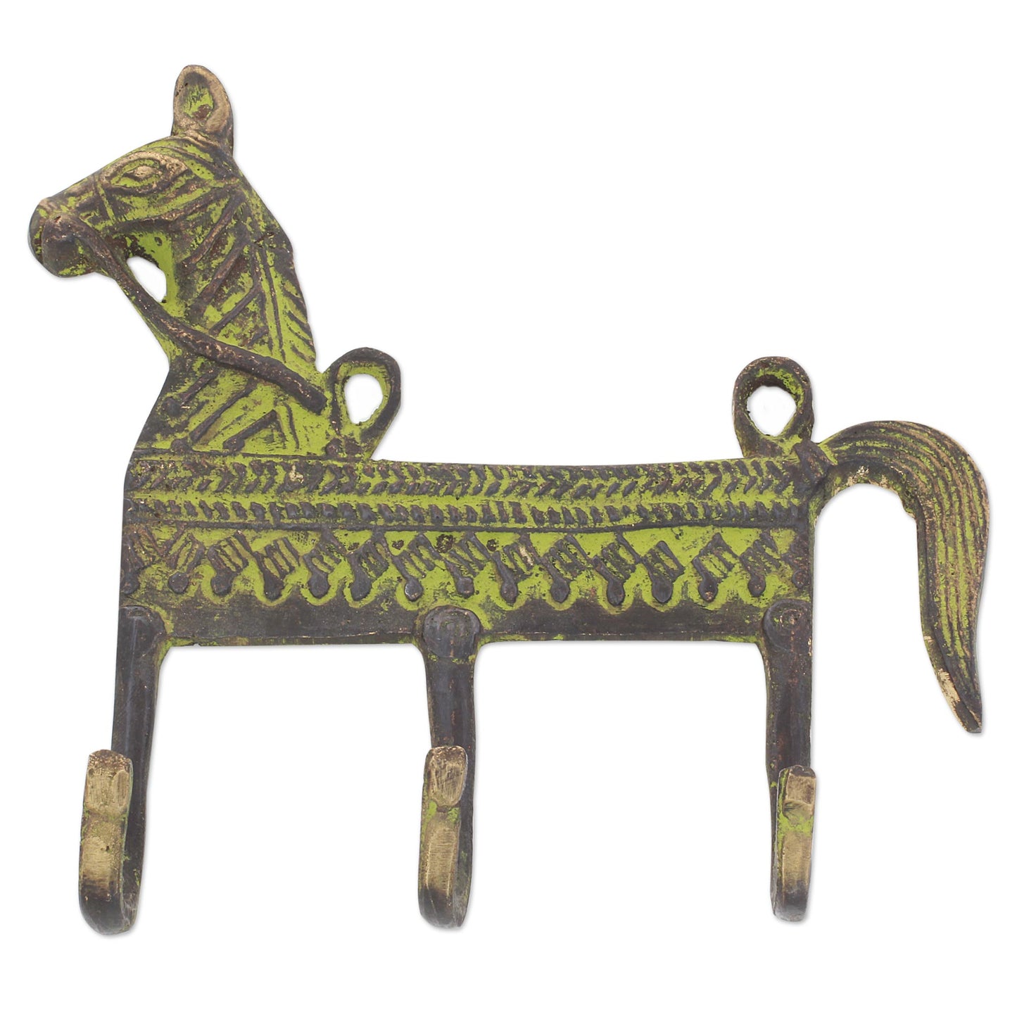 Helpful Horse Antiqued Brass Horse Theme 3.Hook Coat Rack from India