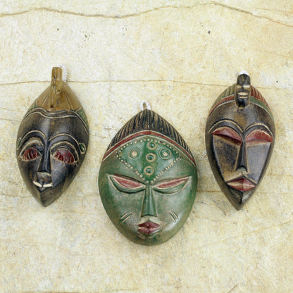 Messengers of Justice Set of Three Sese Wood African Masks Handmade in Ghana