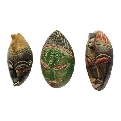 Messengers of Justice Set of Three Sese Wood African Masks Handmade in Ghana