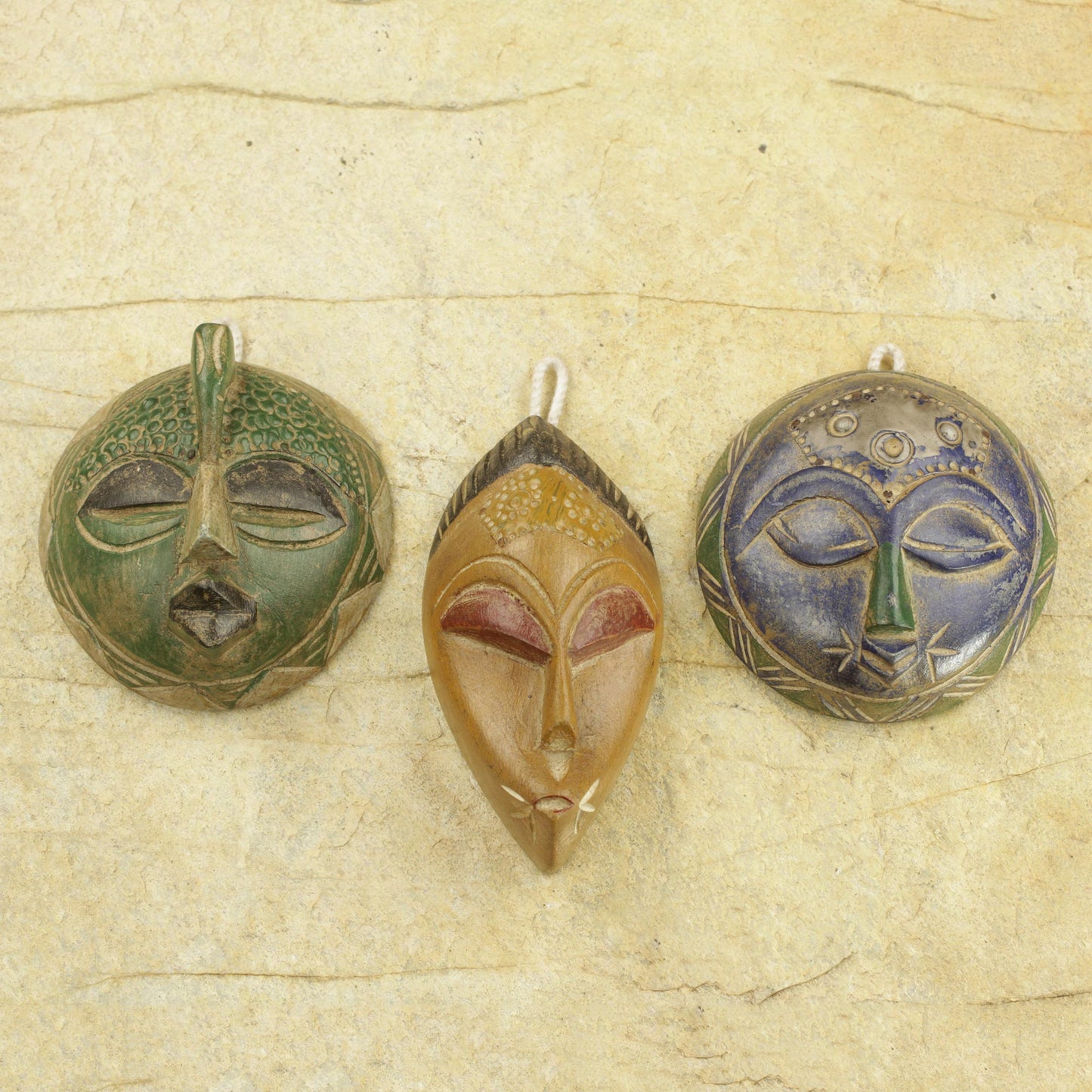 Sefam Set of 3 Petite Handcrafted Sese Wood African Masks