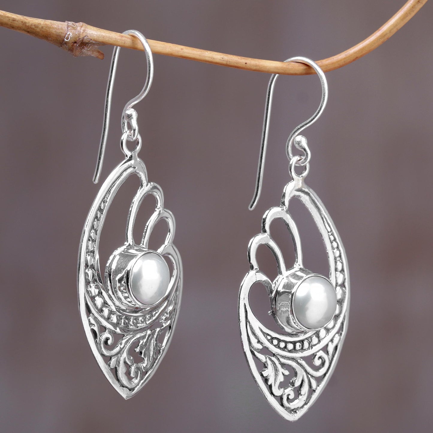 White Wings White Cultured Pearls on Sterling Silver Balinese Earrings