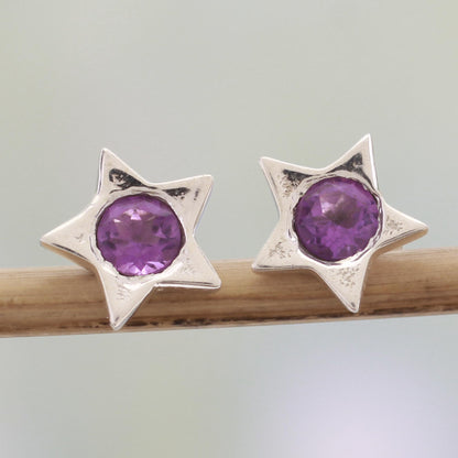 Bright Star Star Shaped Amethyst and Sterling Silver Stud Earrings