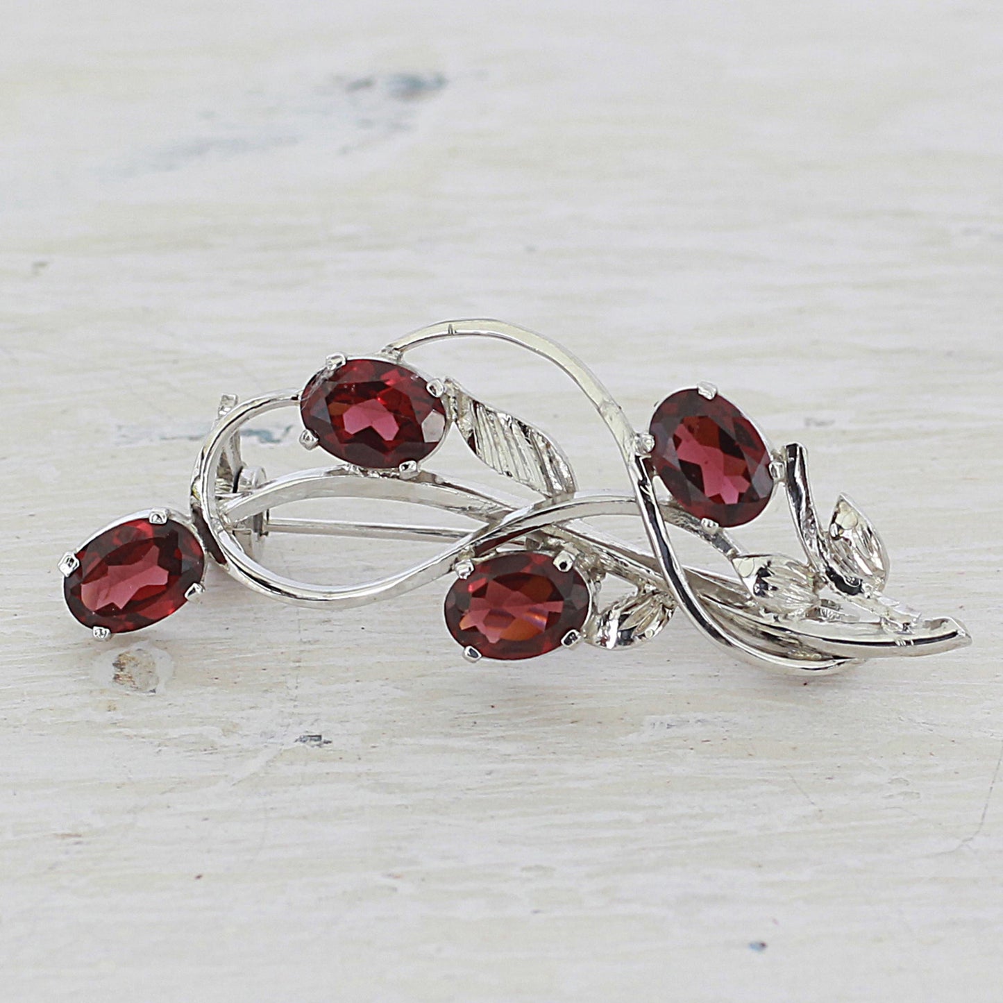 Taste of Autumn Garnet and Sterling Silver Leafy Brooch from India