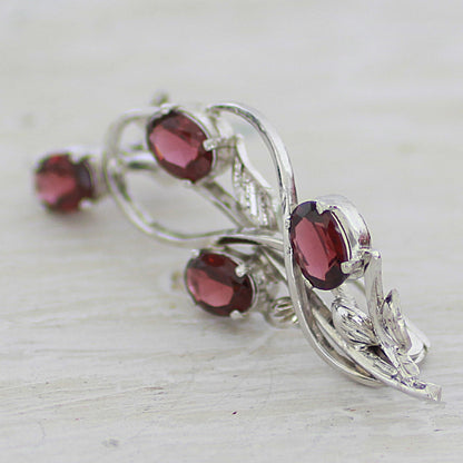 Taste of Autumn Garnet and Sterling Silver Leafy Brooch from India