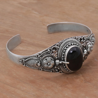 Balinese Magic In Black Onyx & Silver Floral Bracelet