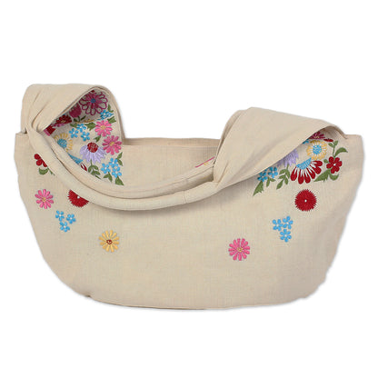 Field of Flowers in Wheat Wheat Colored Floral Jute Blend Hobo Bag from India