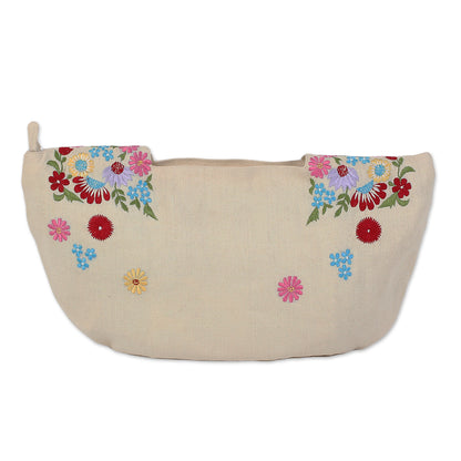 Field of Flowers in Wheat Wheat Colored Floral Jute Blend Hobo Bag from India