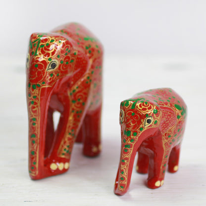 Maternal Glow Set of Two Indian Painted Floral Wood Elephant Sculptures