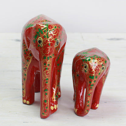 Maternal Glow Set of Two Indian Painted Floral Wood Elephant Sculptures