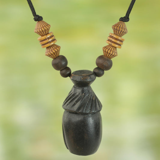 Village Hut Sese Wood Adjustable Pendant Necklace from Ghana