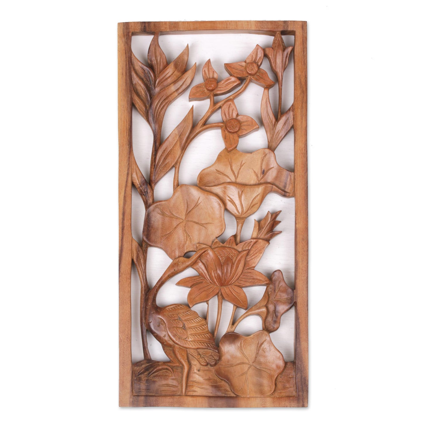 Heron Pond Heron Lilies and Lotus Wall Relief Panel in Hand Carved Wood