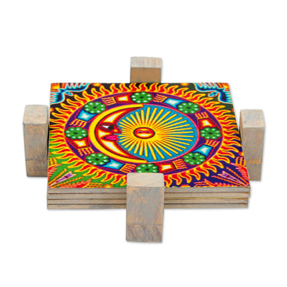 Huichol Sun and Moon Four Decoupage Pinewood Mexican Sun and Moon Motif Coasters