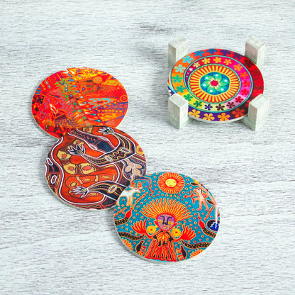 Round Huichol Four Round Multicolored Mexican Pinewood Decoupage Coasters