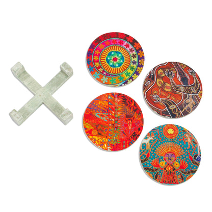 Round Huichol Four Round Multicolored Mexican Pinewood Decoupage Coasters