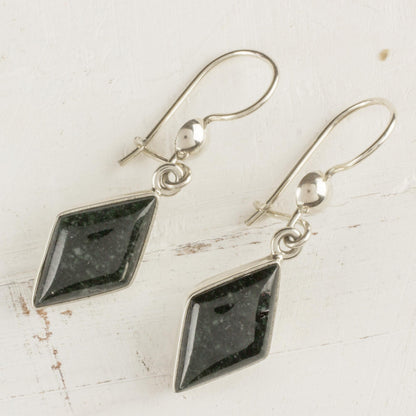 Dark Verdant Diamond Very Dark Green Jade and Sterling Silver Dangle Earrings