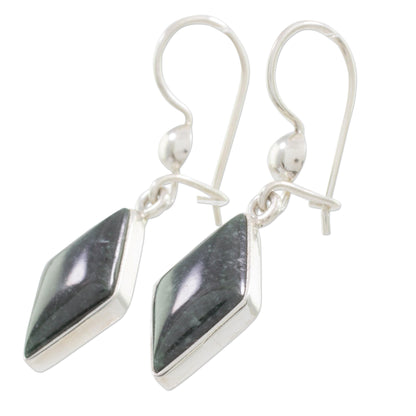 Dark Verdant Diamond Very Dark Green Jade and Sterling Silver Dangle Earrings