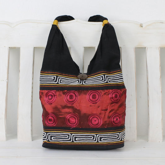 Crimson Wine Cotton Thai Style Shoulder Bag in Crimson and Black