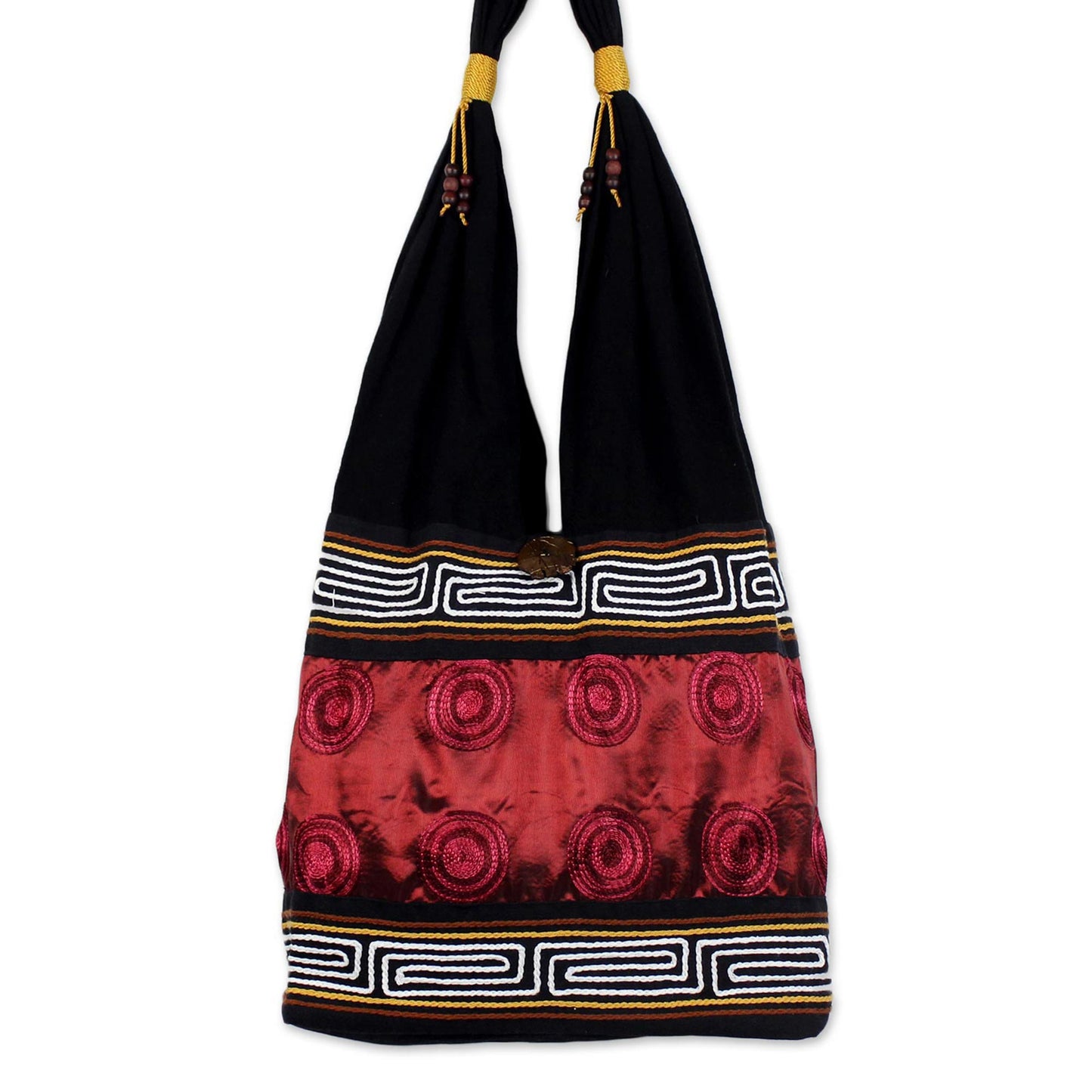 Crimson Wine Cotton Thai Style Shoulder Bag in Crimson and Black