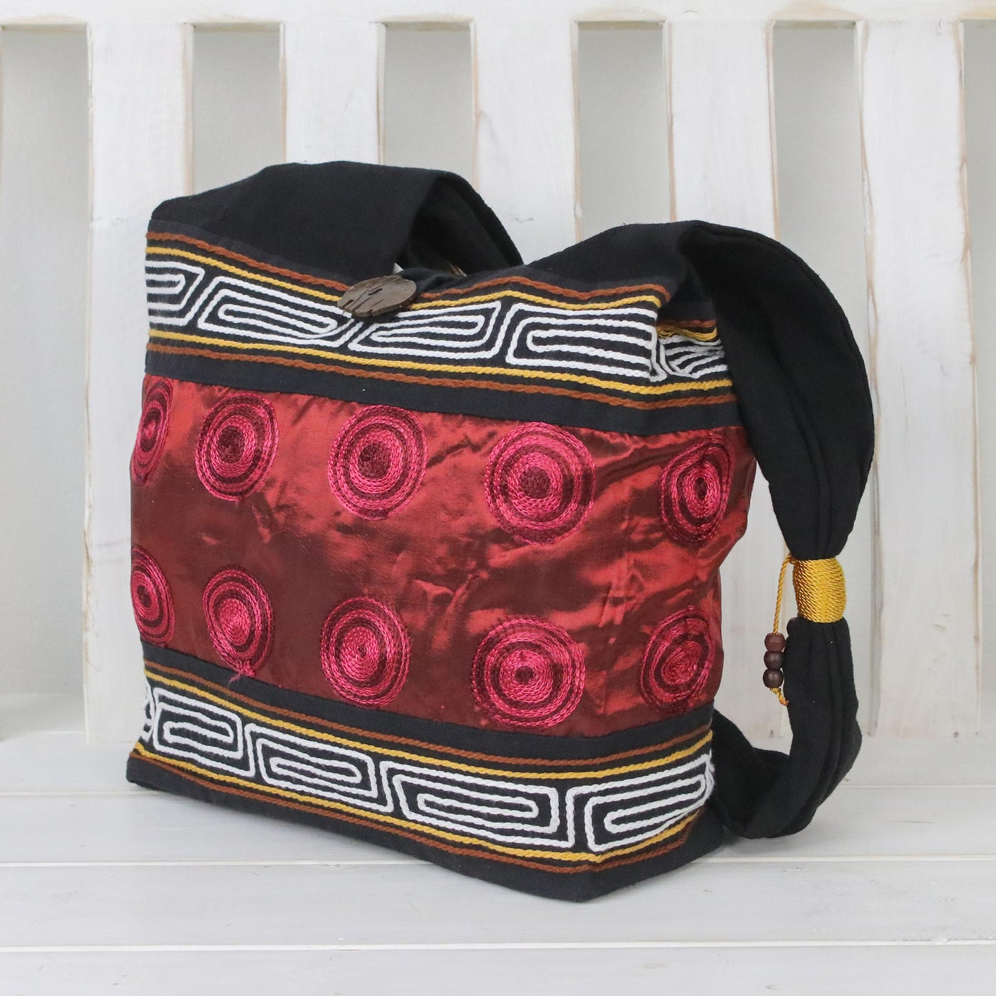 Crimson Wine Cotton Thai Style Shoulder Bag in Crimson and Black