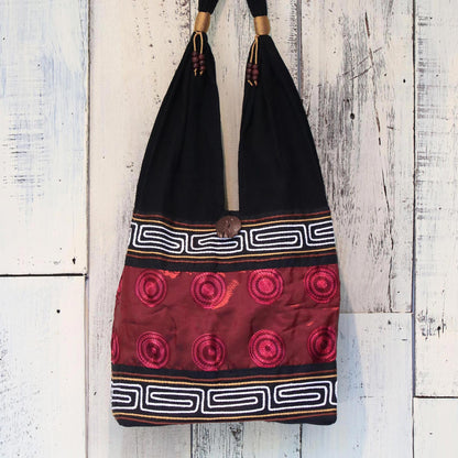 Crimson Wine Cotton Thai Style Shoulder Bag in Crimson and Black