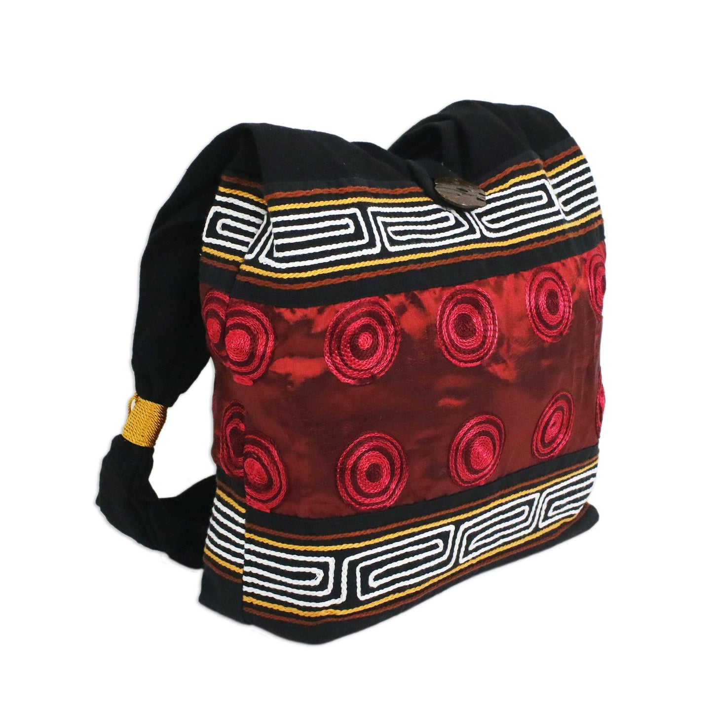 Crimson Wine Cotton Thai Style Shoulder Bag in Crimson and Black