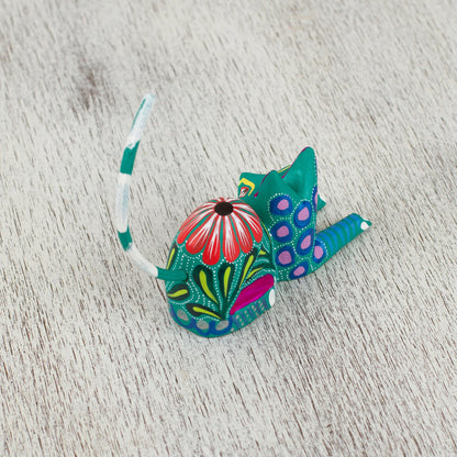 Excited Cat in Teal Copal Wood Alebrije Cat Sculpture in Teal from Mexico