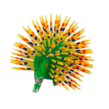 Cute Porcupine Green & Yellow Painted Wood Alebrije Sculpture