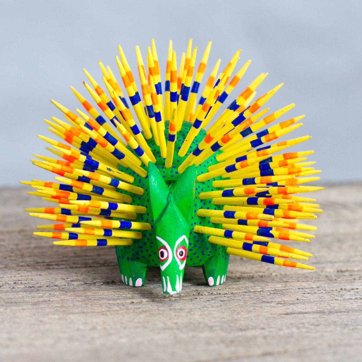 Cute Porcupine Green & Yellow Painted Wood Alebrije Sculpture