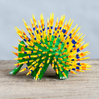 Cute Porcupine Green & Yellow Painted Wood Alebrije Sculpture