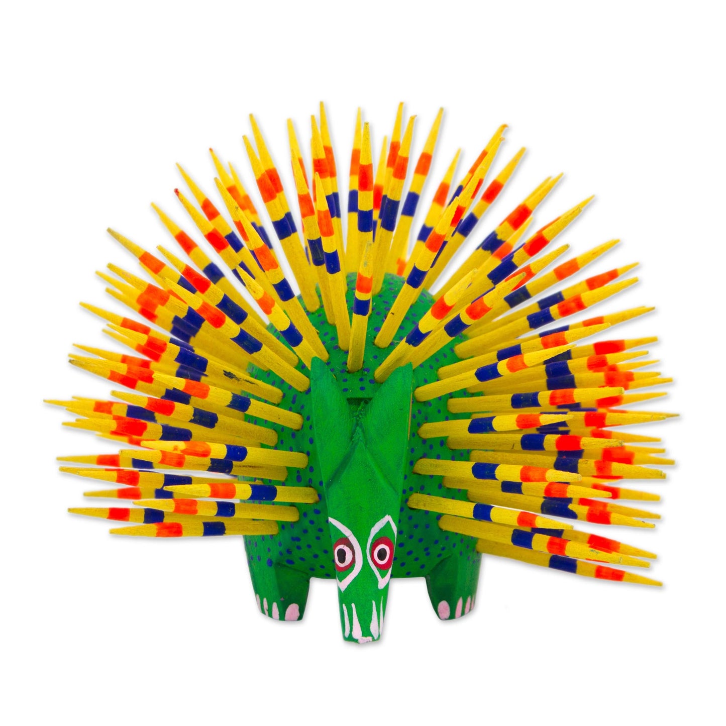 Cute Porcupine Green & Yellow Painted Wood Alebrije Sculpture