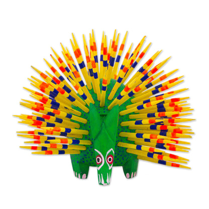 Cute Porcupine Green & Yellow Painted Wood Alebrije Sculpture