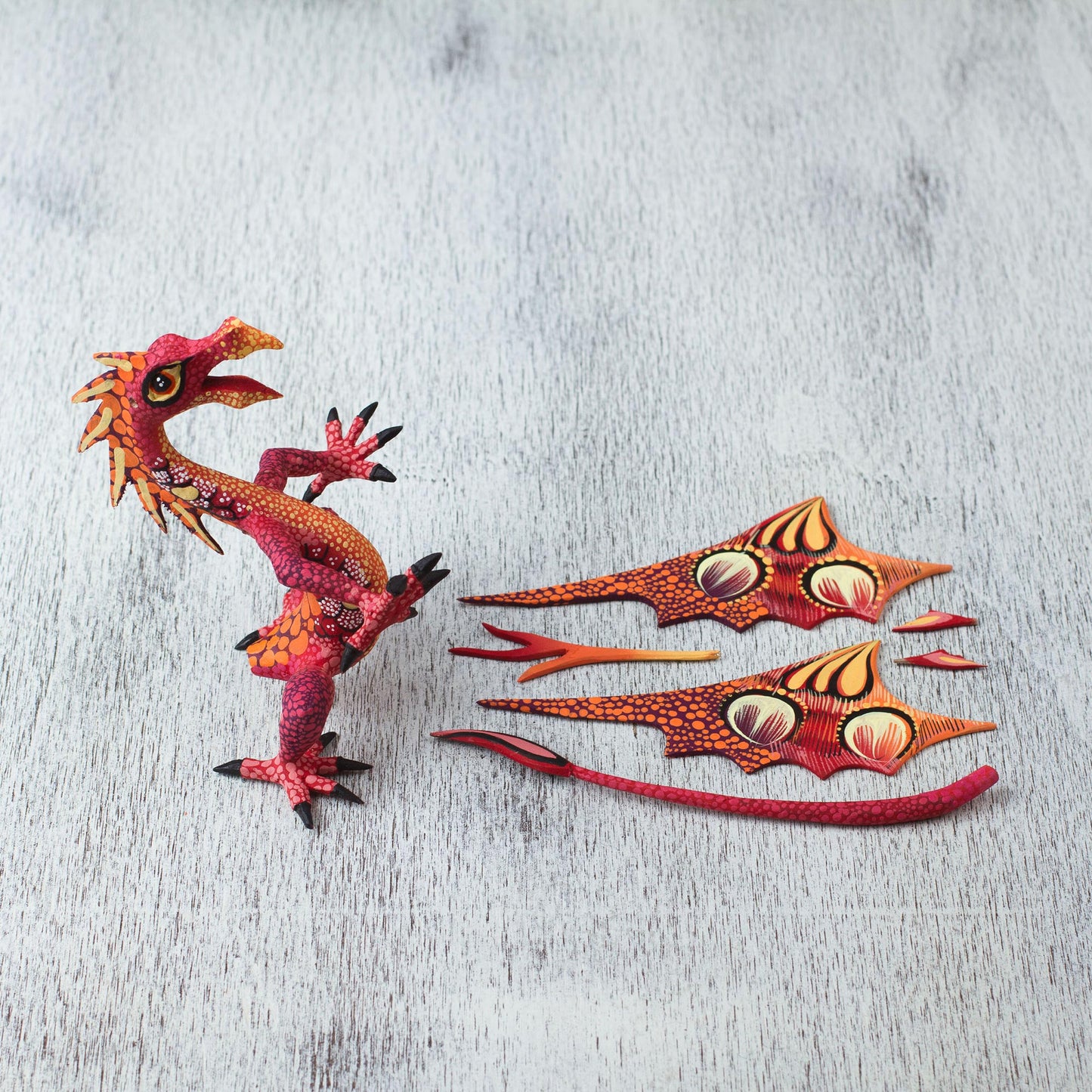 Mexican Dragon in Red Copal Wood Dragon Alebrije Sculpture in Red and Orange