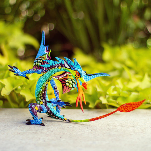 Mexican Dragon in Blue Copal Wood Dragon Alebrije Sculpture in Blue from Mexico