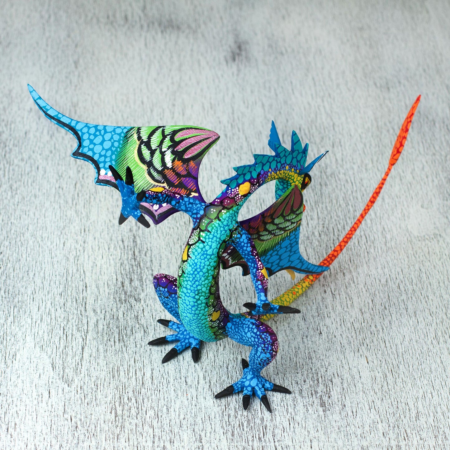 Mexican Dragon in Blue Copal Wood Dragon Alebrije Sculpture in Blue from Mexico