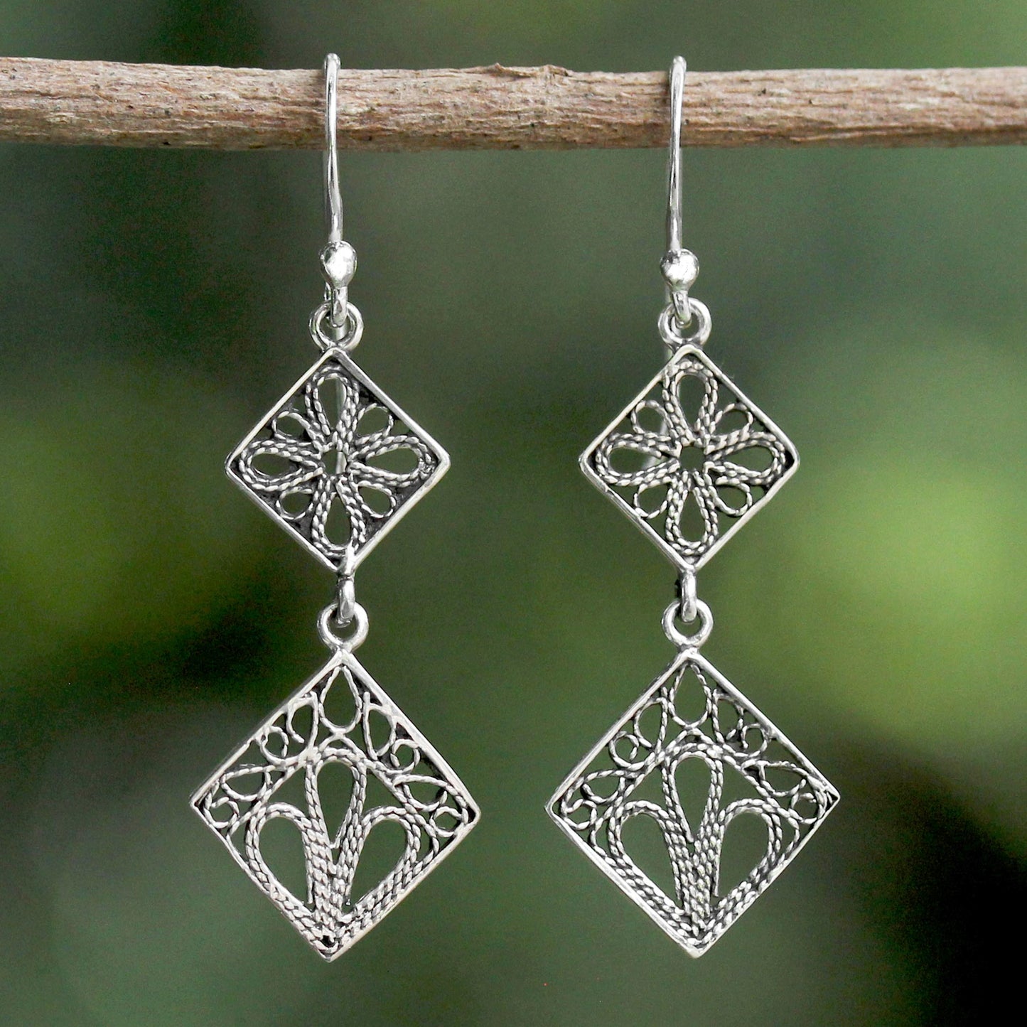 Wind in the Trees Sterling Silver Square Shaped Filigree Dangle Earrings