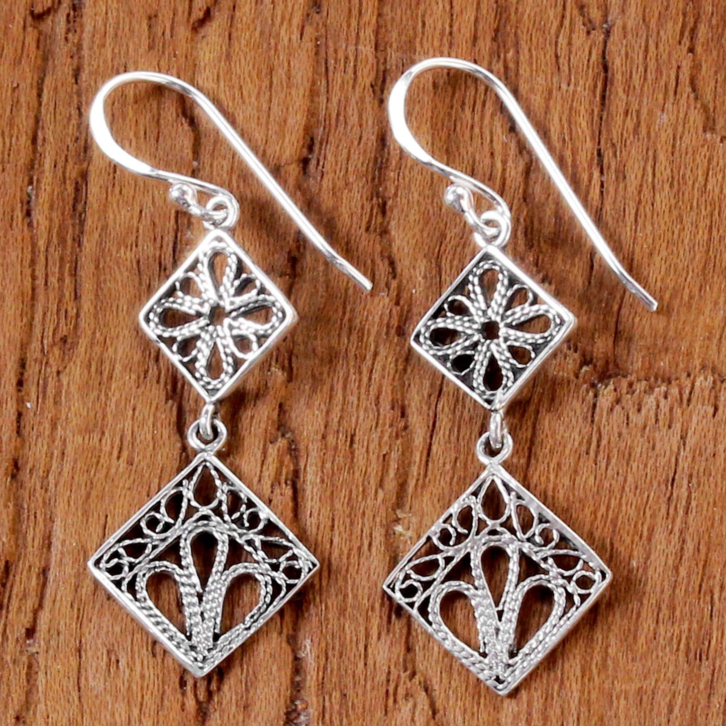 Wind in the Trees Sterling Silver Square Shaped Filigree Dangle Earrings