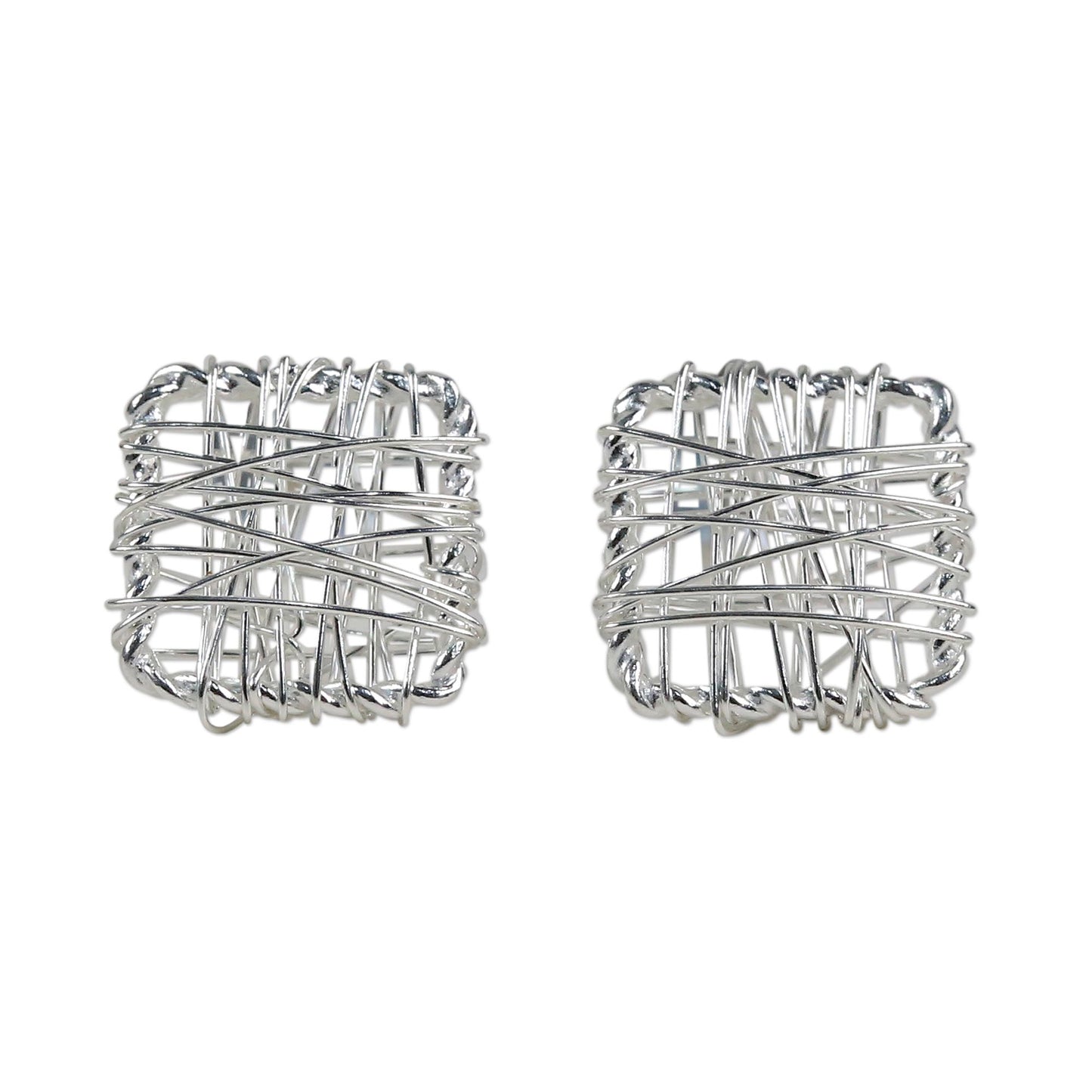 Crisscross Square Sterling Silver Wrap Square Stud Earrings Made in Thailand