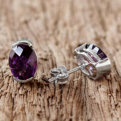 Precious Plum Amethyst and Sterling Silver Stud Earrings from Thailand