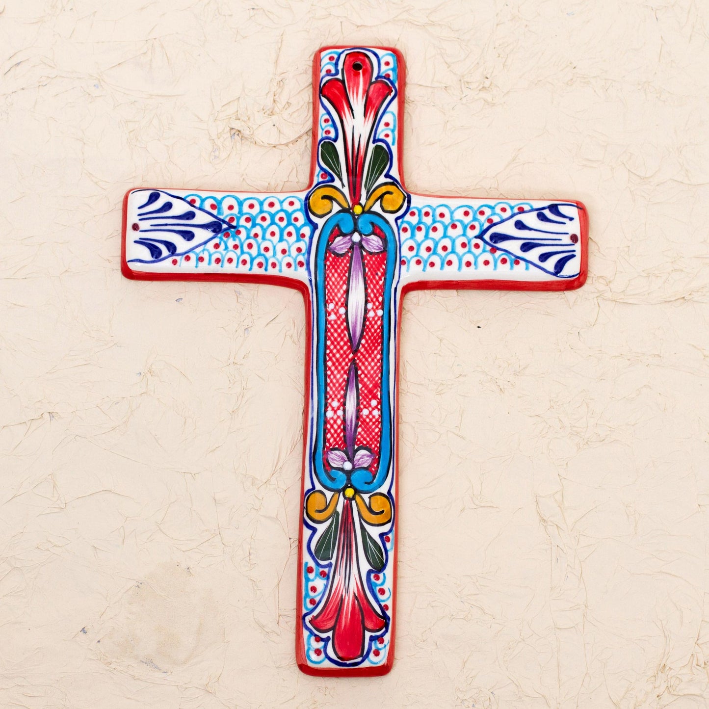 Red Lily Ceramic Wall Cross with Multicolored Motifs from Mexico