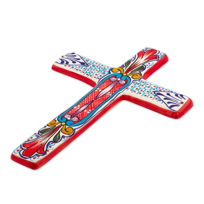 Red Lily Ceramic Wall Cross with Multicolored Motifs from Mexico