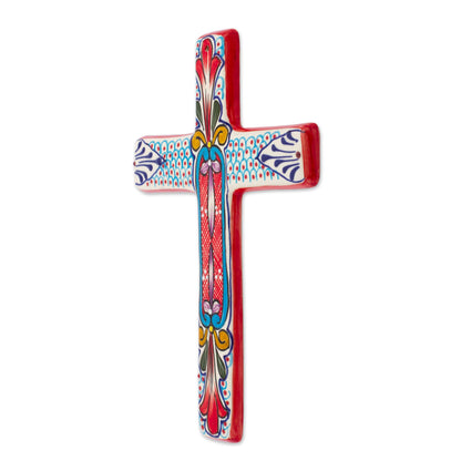 Red Lily Ceramic Wall Cross with Multicolored Motifs from Mexico