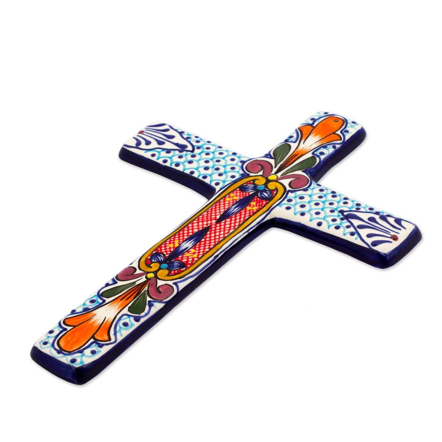 Orange Lily Hand Crafted Multicolored Ceramic Wall Cross From Mexico