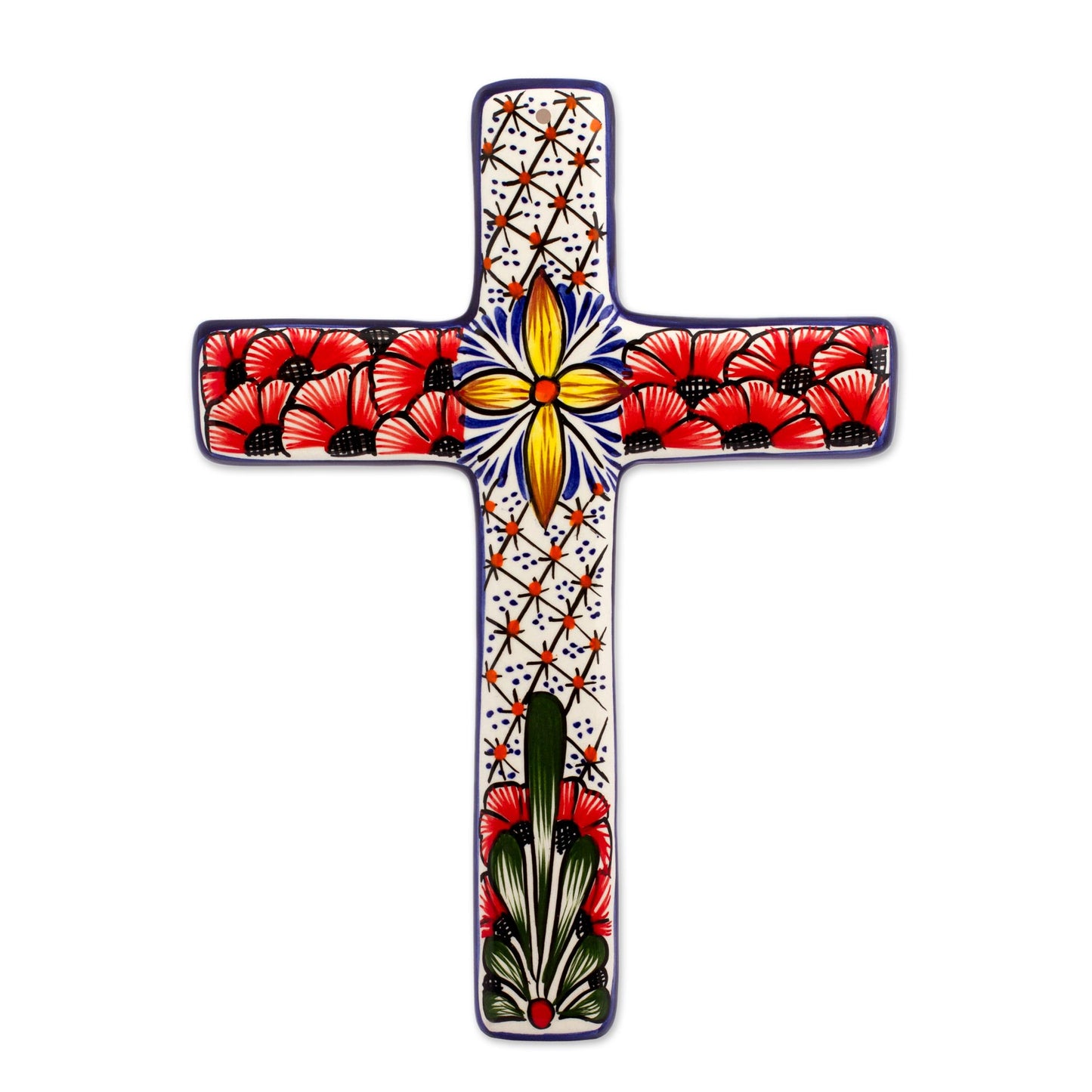 Flower Field Multicolored Ceramic Mexican Wall Cross with Floral Motifs