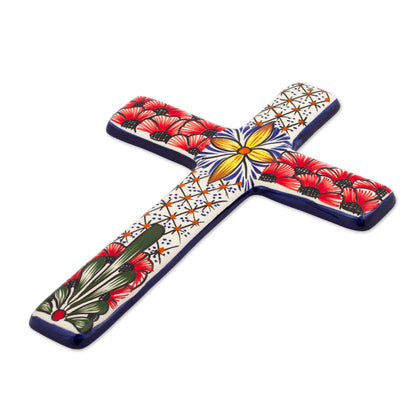 Flower Field Multicolored Ceramic Mexican Wall Cross with Floral Motifs